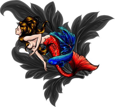 Güzel mavi saçlı siren kızı vektör çizimi