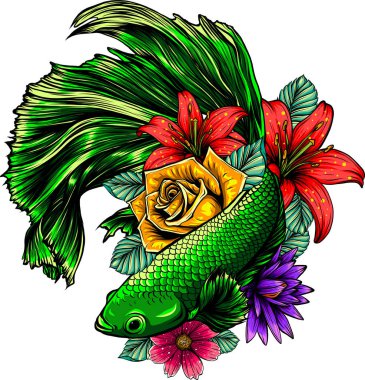 Balık betta çiçek vektör illüstrasyonu ile görkemli