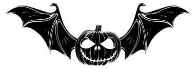 Cadılar Bayramı balkabağının siyah silueti ve yarasa kanatları çizimi