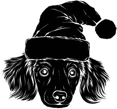 Noel şapkası illüstrasyonlu köpek yüzünün siyah silüeti