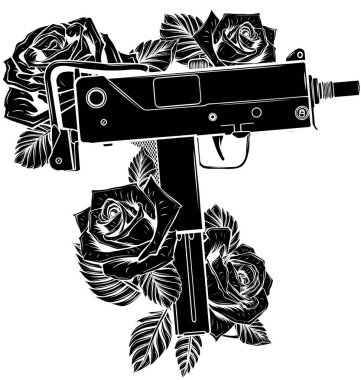 Gül vektör illüstrasyonlu silah silueti Uzi
