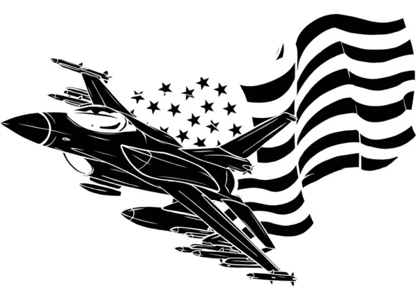 Silueta negra de aviones de combate militares con bandera americana. Ilustración vectorial — Archivo Imágenes Vectoriales