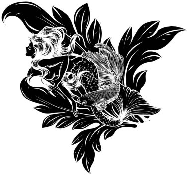 Güzel saçlı siren kızı çiziminin siyah silueti.