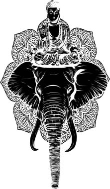 Buda heykelinin siyah silueti fil vektörünün tepesinde.