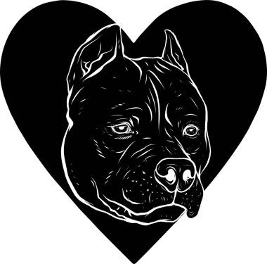 Kalp vektörü illüstrasyonunda pitbull başlı köpeğin siyah silueti.