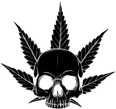 Yapraklı siyah kafatası silueti marihuana baş çizimi tasarımı