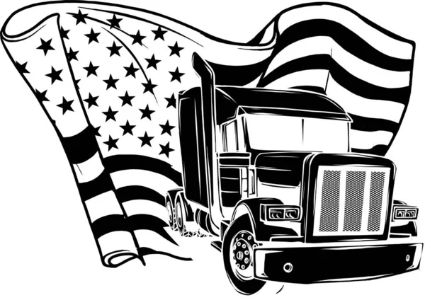 A klasszikus amerikai teherautó fekete sziluettje. Vektor illusztráció amerikai zászlóval — Stock Vector