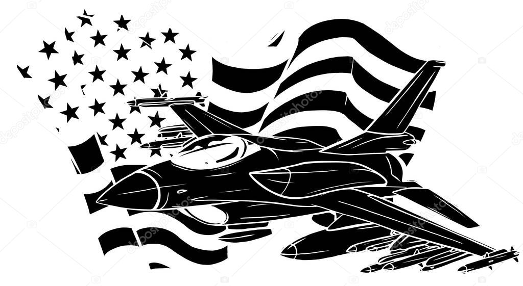 black silhouette of Military fighter jets with american flag. Vector illustration