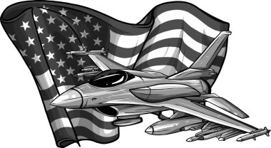 Amerikan bayrağı taşıyan askeri savaş jetleri dizaynı. Vektör illüstrasyonu