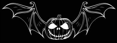 Siyah arka planda yarasa kanatları olan beyaz balkabağı silueti