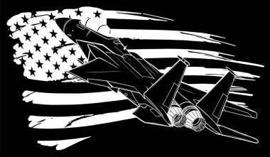 Siyah arka planda Amerikan bayrağı olan askeri savaş uçaklarının beyaz silueti.