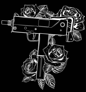 Siyah arka planda kırmızı güller olan beyaz siluet Uzi silahlar.