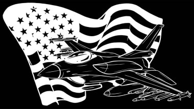 Amerikan bayrağı taşıyan askeri savaş uçaklarının beyaz silueti. Vektör illüstrasyonu