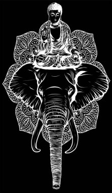 Buda heykelinin beyaz silueti fil vektörünün tepesinde