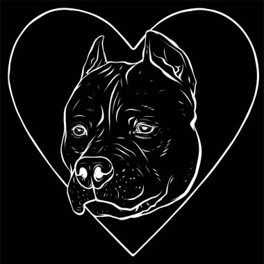 Kalp vektörü illüstrasyonunda pitbull başlı köpeğin beyaz silueti