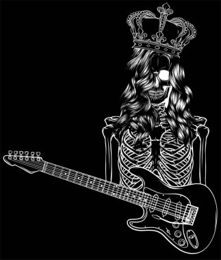 Elektro gitarda çalan insan iskeletinin beyaz silueti