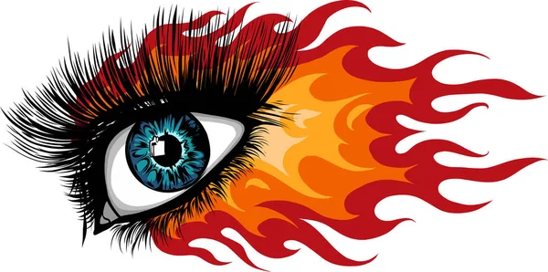 Ojo de mujer con fuego y llamas vector ilustración — Vector de stock