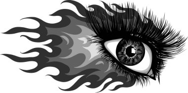 Ateşli kadın gözü ve alev vektör çizimi