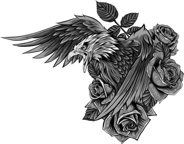 Ilustración vectorial de águila con rosas de flores — Vector de stock