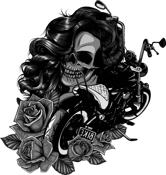 Διανυσματική απεικόνιση Μοτοσικλέτα με γυναίκα κρανίο και τριαντάφυλλα — Διανυσματικό Αρχείο