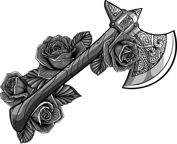 Vector illustration of axe with roses design — Stock Vector