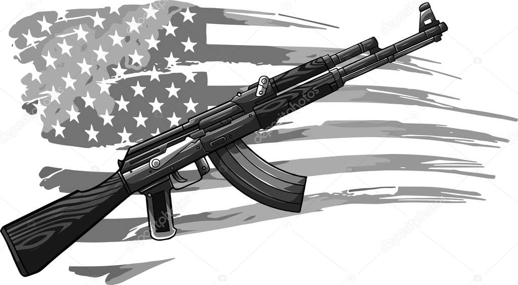 illustration of USA flag with an AK 47 Rifle