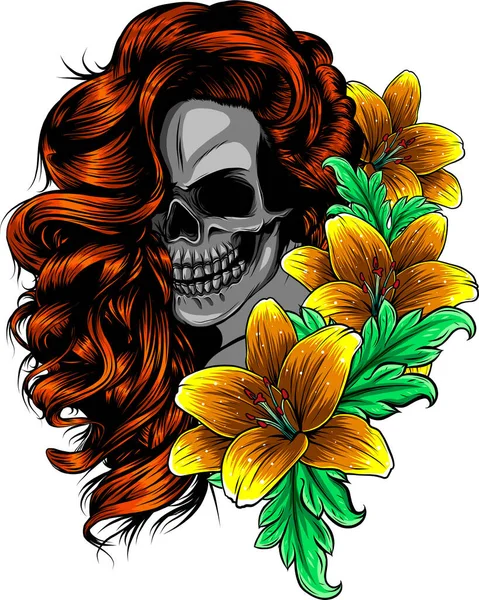 Illustration vectorielle de femme Crâne avec fleur Lys — Image vectorielle