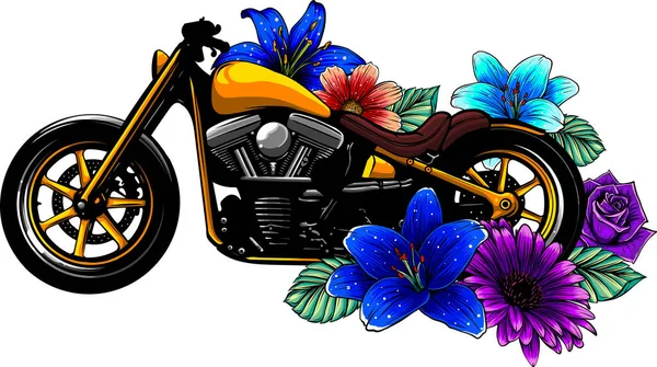Vector ilustración de moto bicicleta con flor — Vector de stock