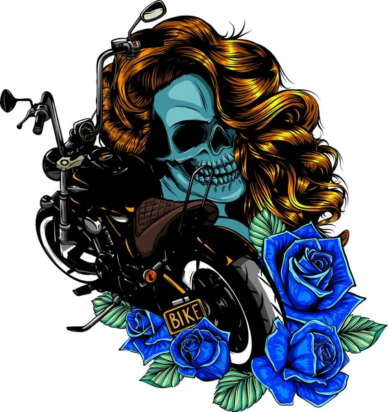 Illustration vectorielle Moto avec crâne de femme et roses — Image vectorielle