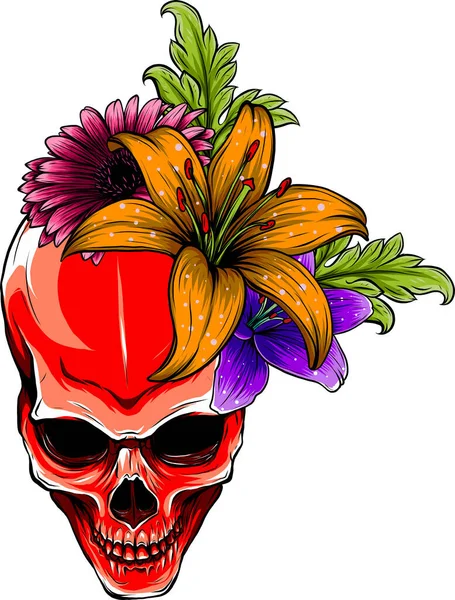 Calavera humana y flores Vector Diseño de ilustración — Archivo Imágenes Vectoriales