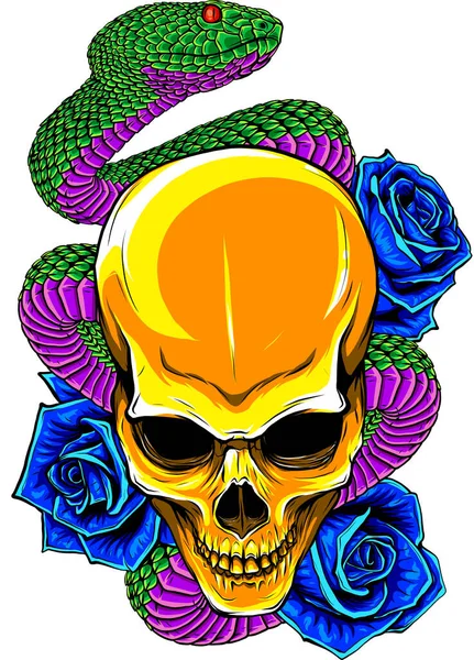 Ilustración vectorial de cráneo, rosas y serpiente — Archivo Imágenes Vectoriales