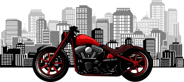 Ilustración motocicleta de estilo bobber con la ciudad en el fondo — Vector de stock
