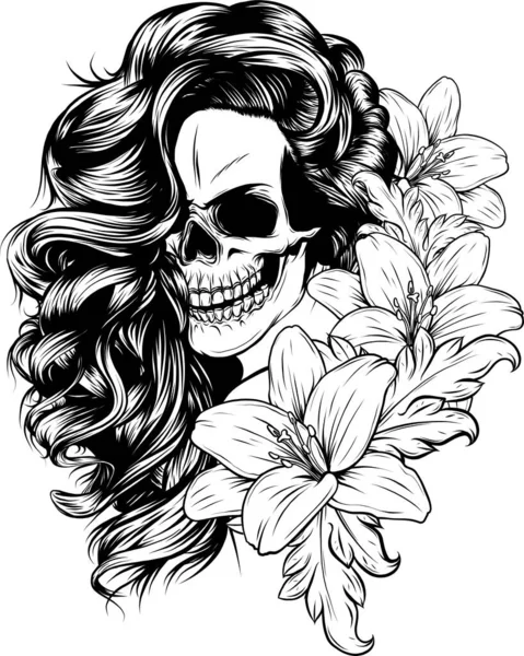 Illustration vectorielle de femme Crâne avec fleur Lys — Image vectorielle