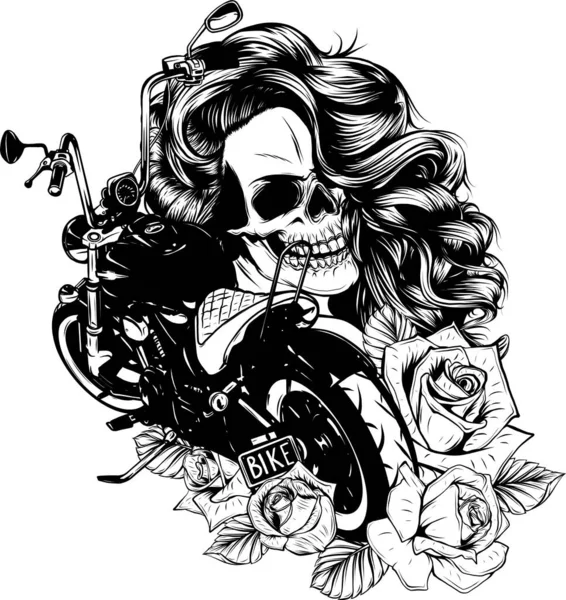 Illustration vectorielle Moto avec crâne de femme et roses — Image vectorielle