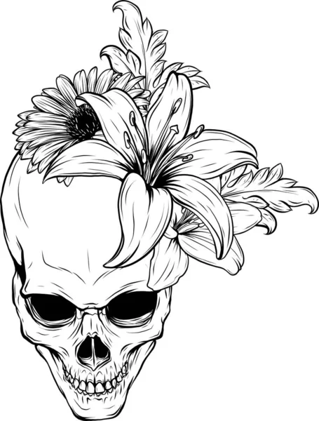 Crânio humano e flores Vector Ilustração design — Vetor de Stock