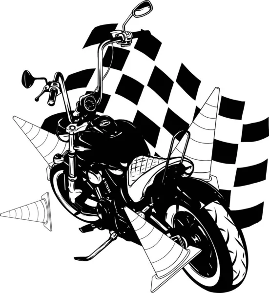 Gammal vintage svart bobber cykel med race flagga — Stock vektor