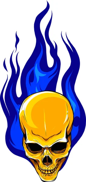 Teschio umano in oro con fiamme blu e illustrazione vettoriale del fuoco — Vettoriale Stock