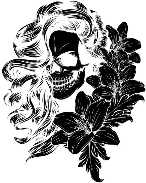 Vector illustration of woman Skull with flower Lily — Stock Vector