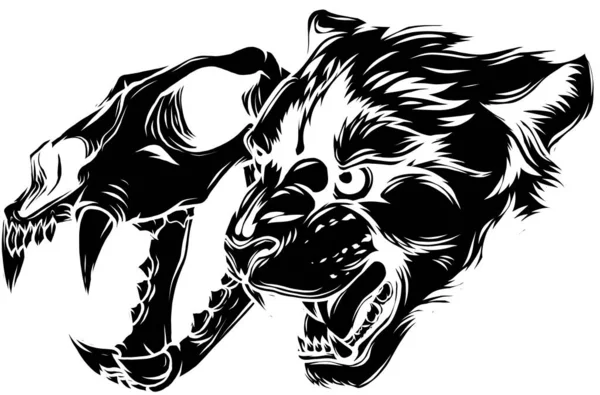 Cougar panter hoofd met schedel vector illustratie — Stockvector