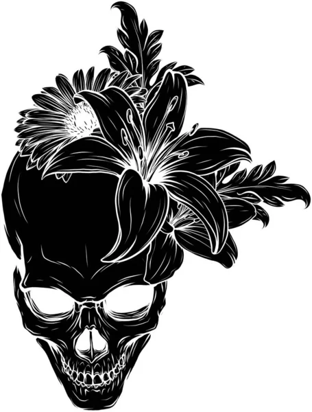 Calavera humana y flores Vector Diseño de ilustración — Vector de stock