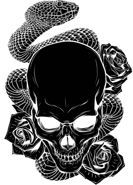 Vector illustration of skull, roses and snake — Stock Vector