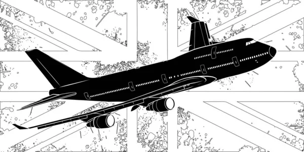 Vector Ilustração de um avião de passageiros que sobrevoa a bandeira da Grã-Bretanha. —  Vetores de Stock