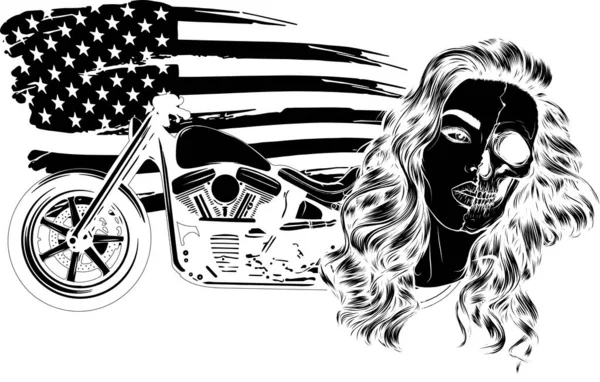 Vettoriale illustazione vintage chopper moto con donna faccia e bandiera americana — Vettoriale Stock
