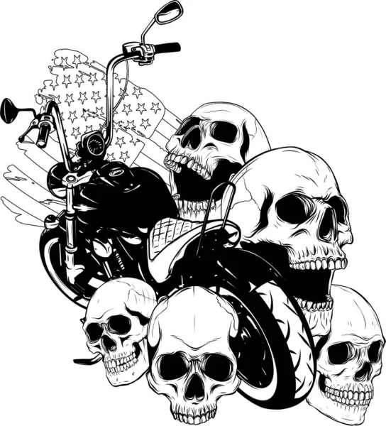 Motocicleta vector con calaveras y bandera americana — Vector de stock