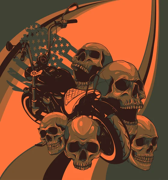 Vektor Motorrad mit Totenköpfen und amerikanischer Flagge — Stockvektor