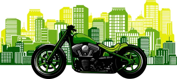 Illustration moto de style bobber avec la ville en arrière-plan — Image vectorielle