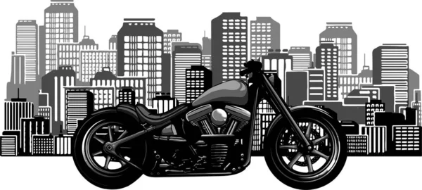 Ilustración motocicleta de estilo bobber con la ciudad en el fondo — Vector de stock