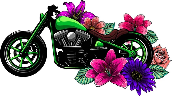 Ilustrasi vektor sepeda motor dengan bunga - Stok Vektor