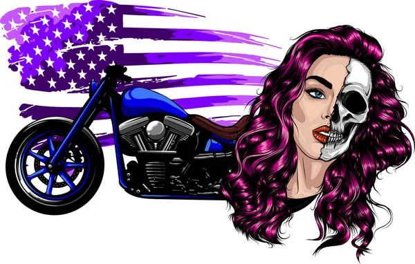 Vector illustation vintage chopper moto avec visage de femme et drapeau américain — Image vectorielle