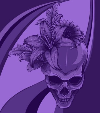 İnsan Kafatası ve Çiçekler Vektör Çizim Tasarımı